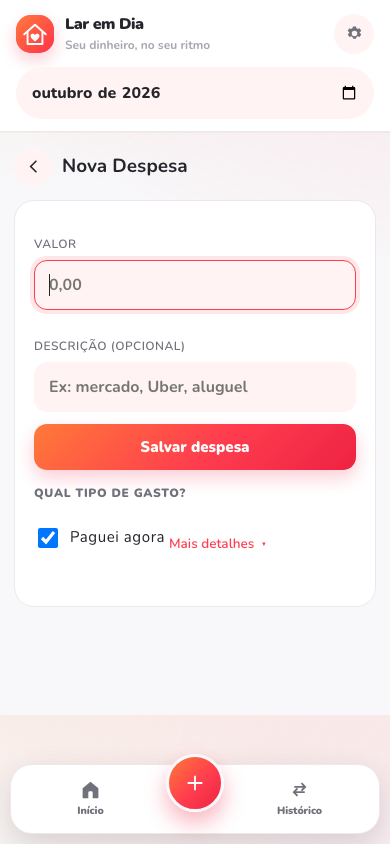 Demonstração estática para registrar receitas e despesas